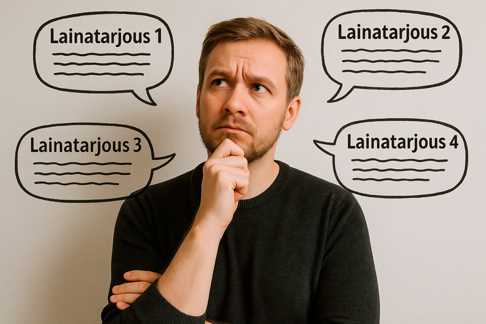 Henkilö pohtii neljän eri lainatarjouksen välillä – pikalainan vertailu ennen hakemista.