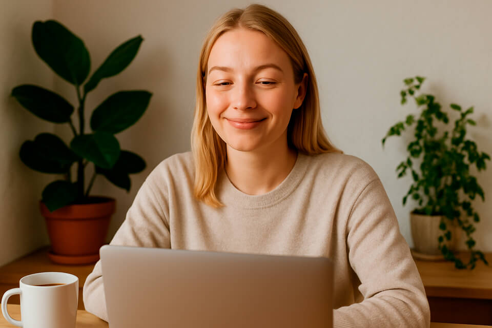Henkilö käyttää kannettavaa pöydän ääressä.