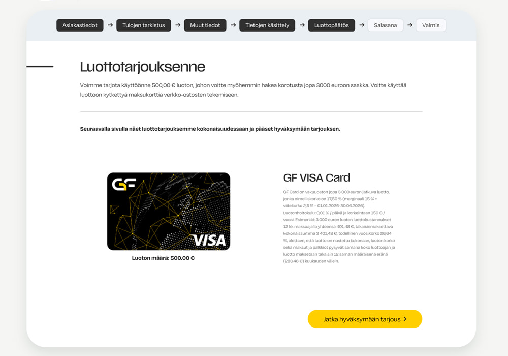GF VISA -luottotarjousnäkymä, jossa esitetään 500 euron luottoraja, virtuaalisen kortin ulkoasu ja luoton tarkat kustannustiedot.