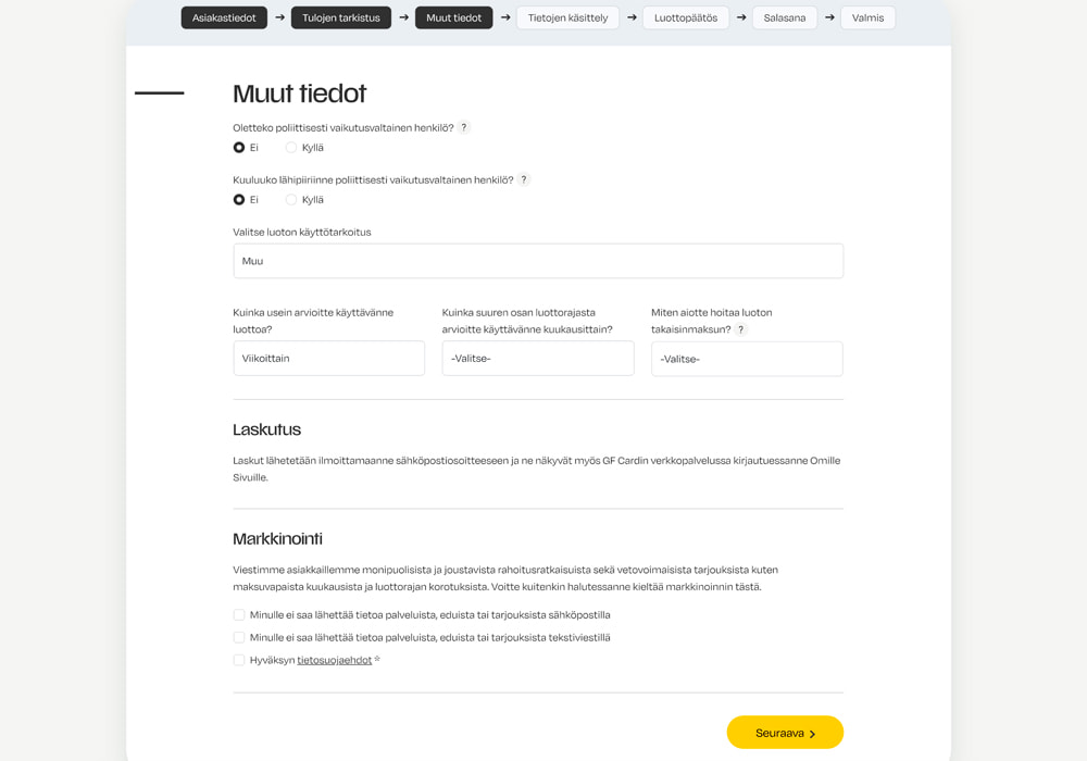 Kuvakaappaus luottohakemuksen 'Muut tiedot' -vaiheesta, jossa kysytään lisätietoja taloudesta, markkinointiluvista ja ehtojen hyväksymisestä.