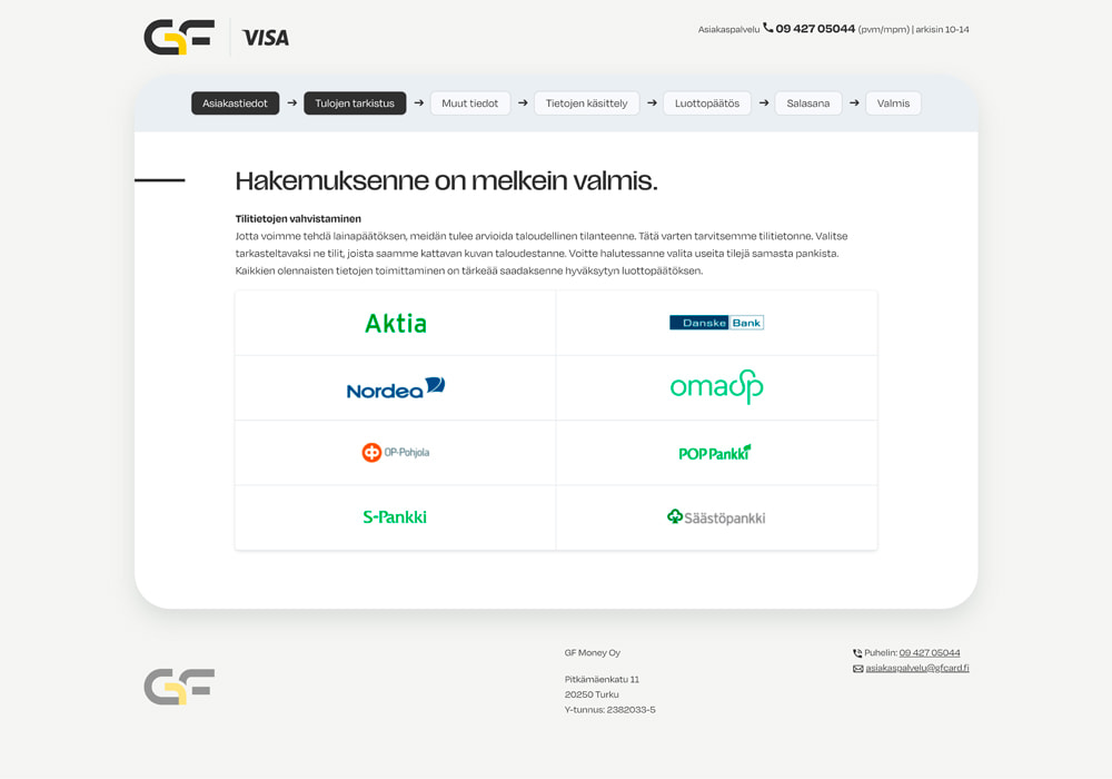 Kuvakaappaus luottohakemuksen 'Tulojen tarkistus' -vaiheesta. Sivulla on lista suomalaisista pankeista tilitietojen automaattista vahvistamista varten.