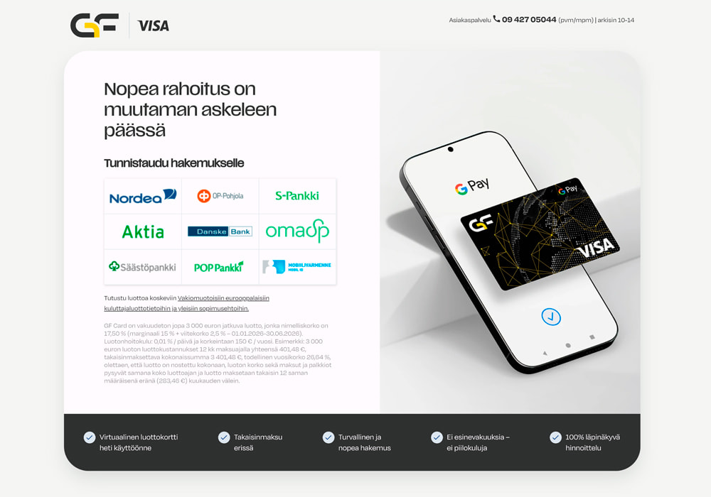 GF VISA -luottokorttihakemuksen aloitussivu, jossa on pankkitunnistautumisen valinnat ja visualisointi virtuaalisesta luottokortista älypuhelimessa.